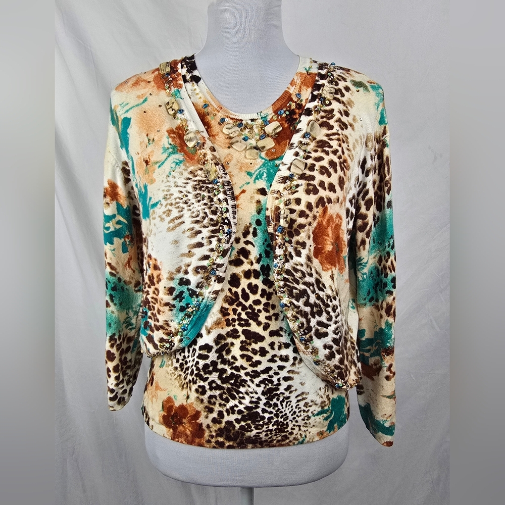 Elizabeth New York Artsy Beaded Turquoise Cardigan Tank Top Twinset sz L/XL